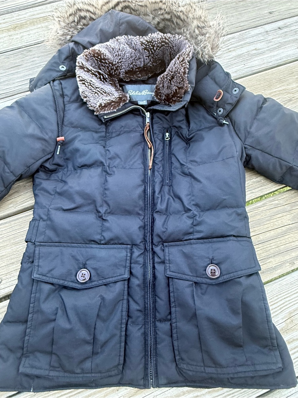 Eddie Bauer Goose Down Puffer Parka Coat XS Black Faux Fur Hood Winter Jacket